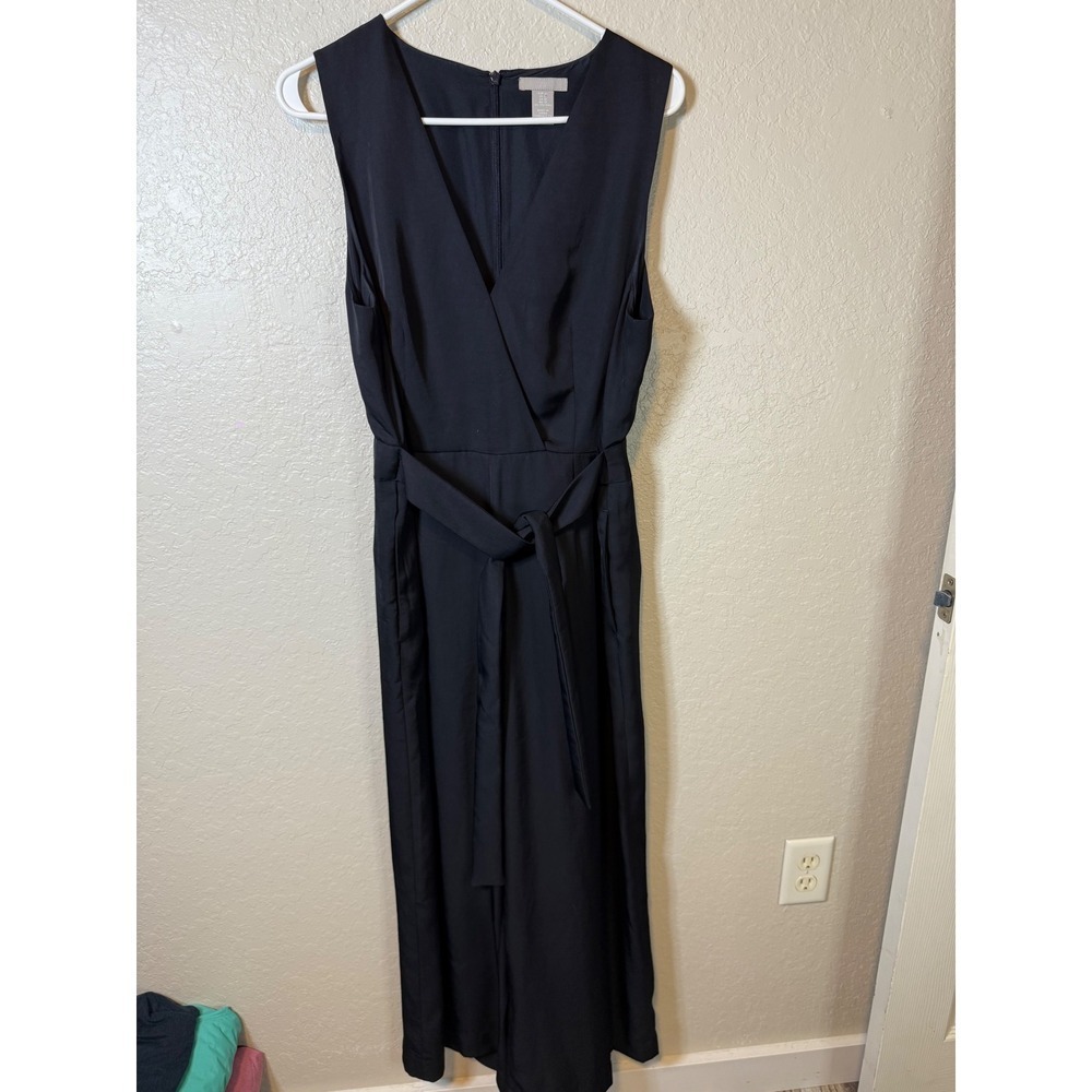 H&M Black Sleeveless Jumpsuit Wrap Front Belted Pockets Women's Size 12